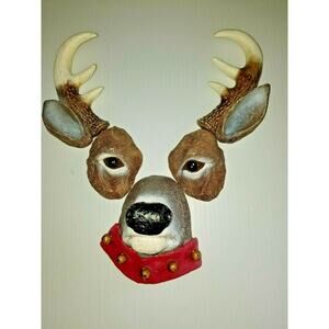 Christmas Buck Reindeer Wall Hanging 5 Piece Plaster Red Collar Jingle Bells